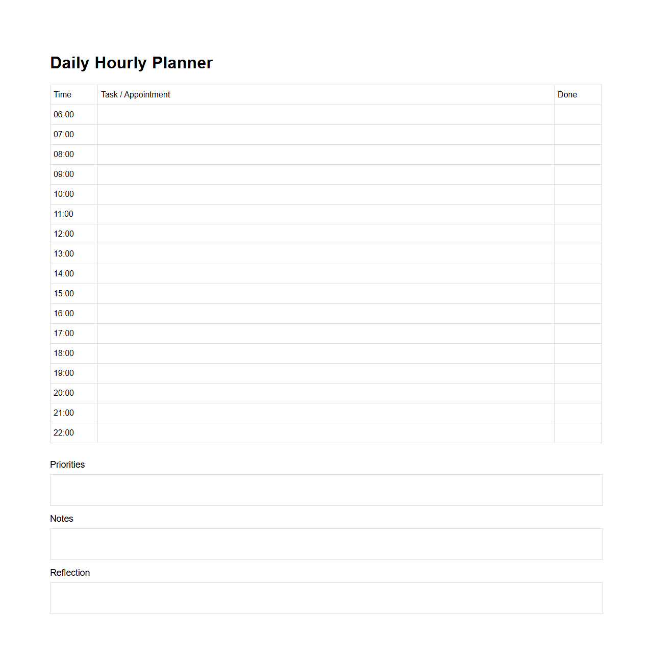 Daily Hourly Planner Template for Productivity