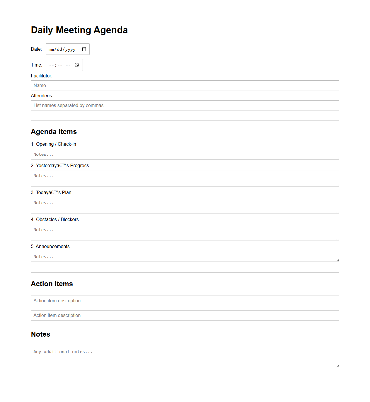 Daily Meeting Agenda Format Template