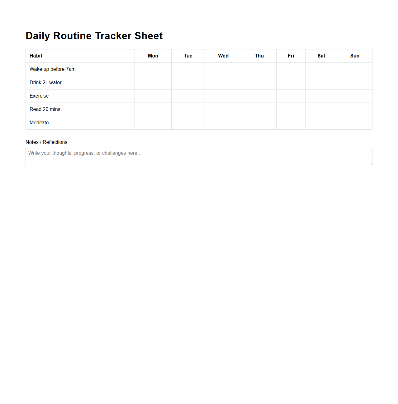 Daily Routine Tracker Sheet for Habit Building