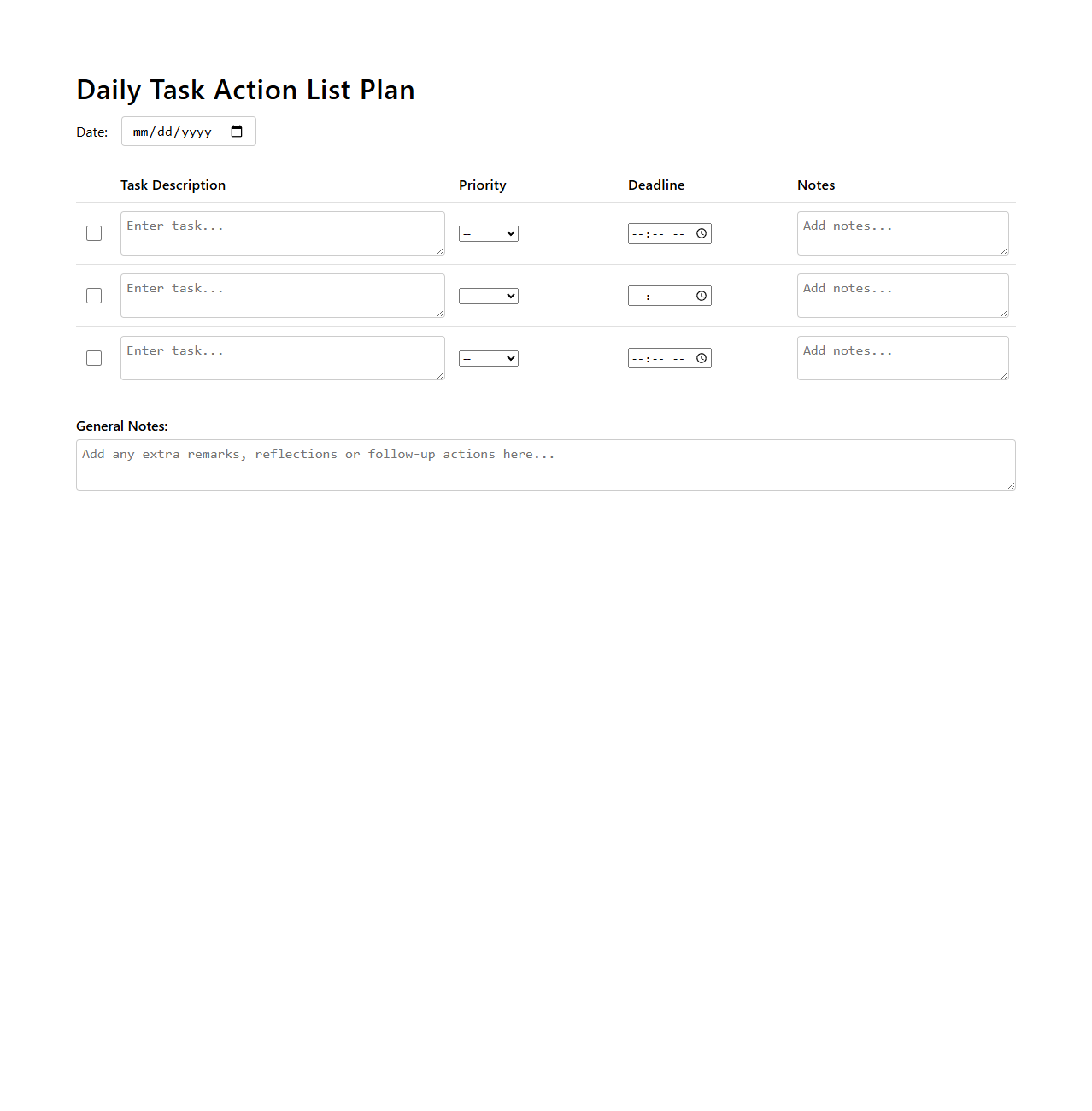 Daily Task Action List Plan