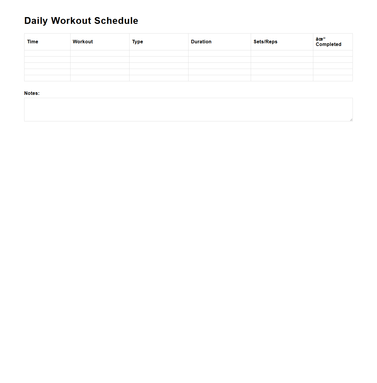 Daily Workout Schedule Template