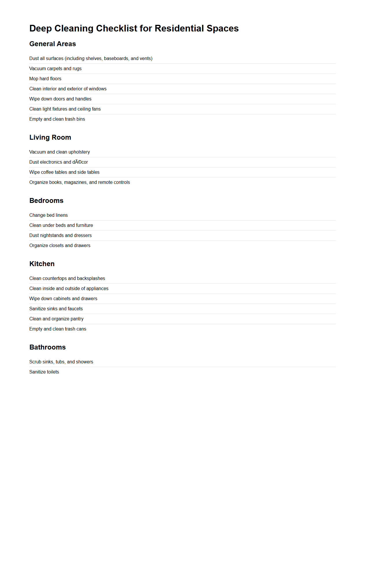 Deep Cleaning Checklist for Residential Spaces