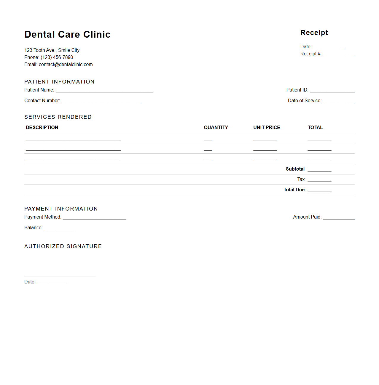 Dental Care Receipt Template for Patients