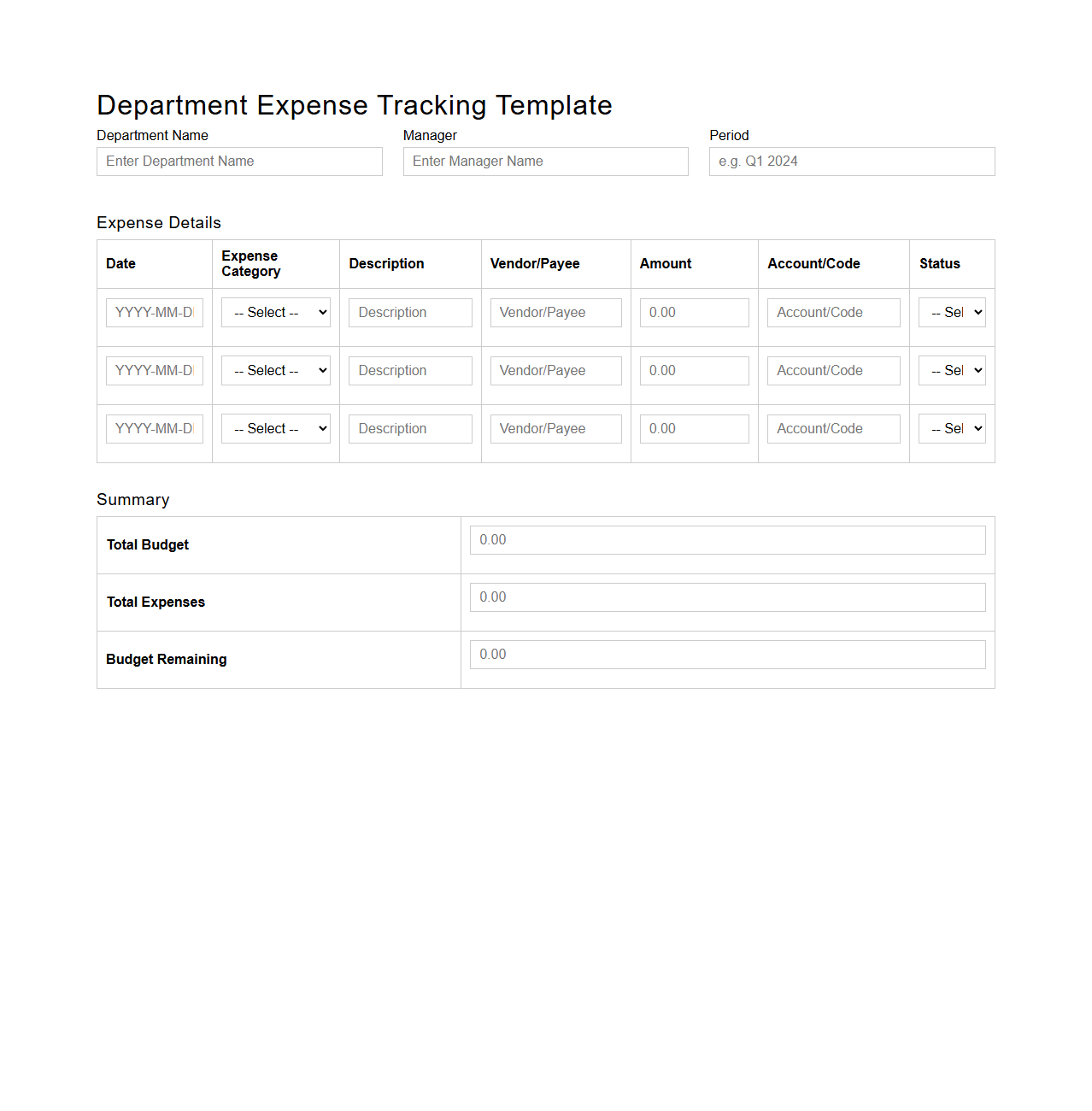 Department Expense Tracking Template for Budgeting