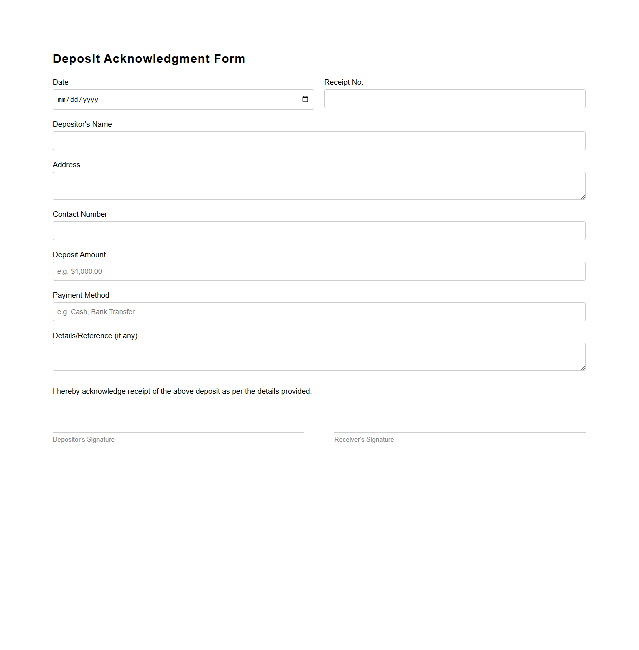 Deposit Acknowledgment Form Template