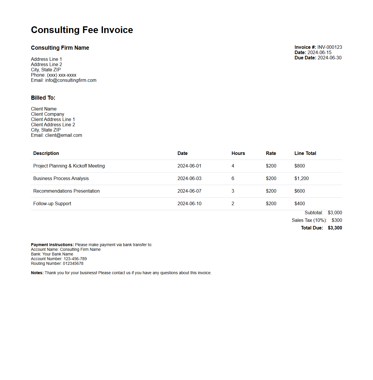 Detailed Consulting Fee Invoice Sample