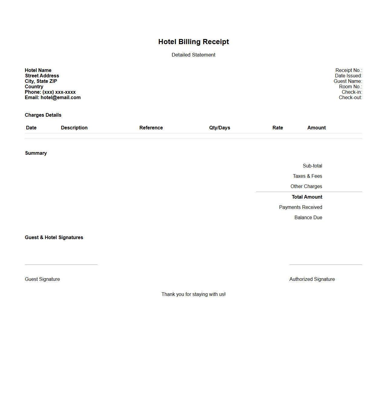 Detailed Hotel Billing Receipt Template