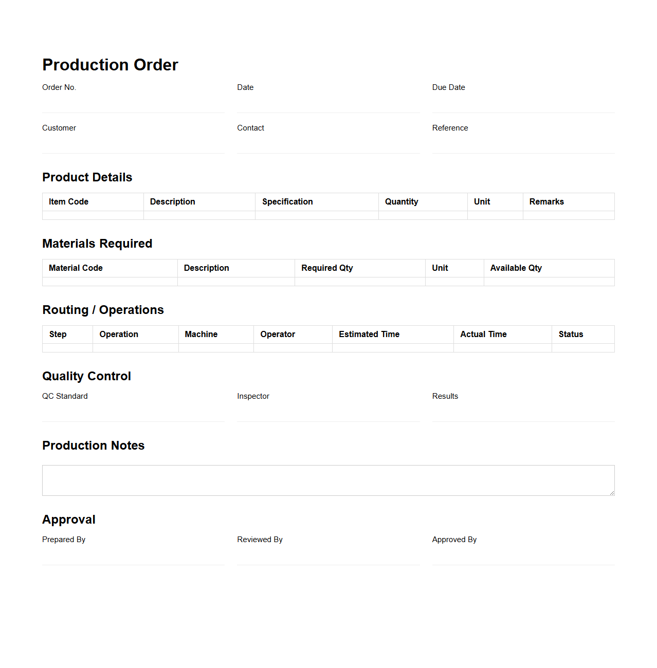 Detailed Production Order Document Template