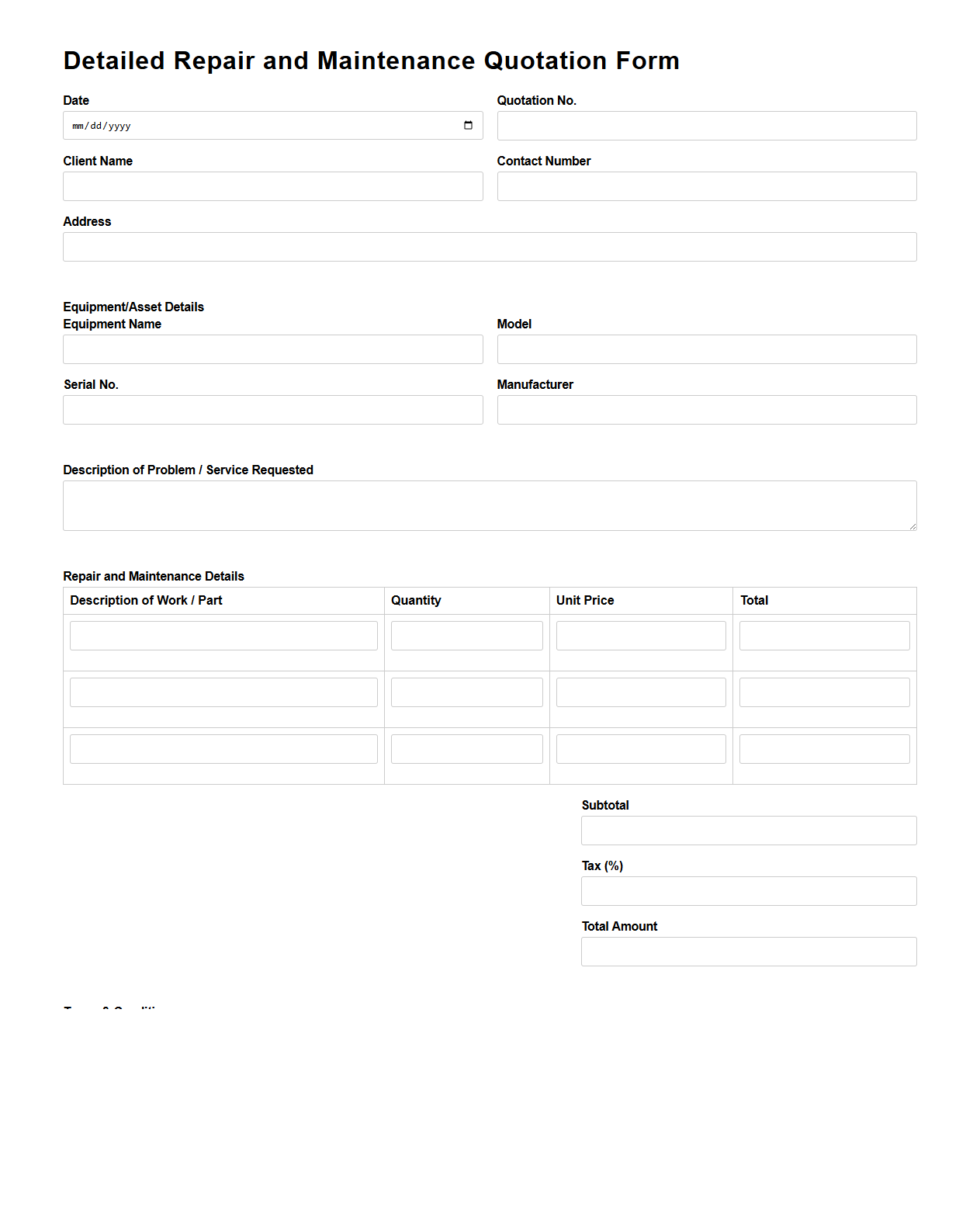 Detailed Repair and Maintenance Quotation Form