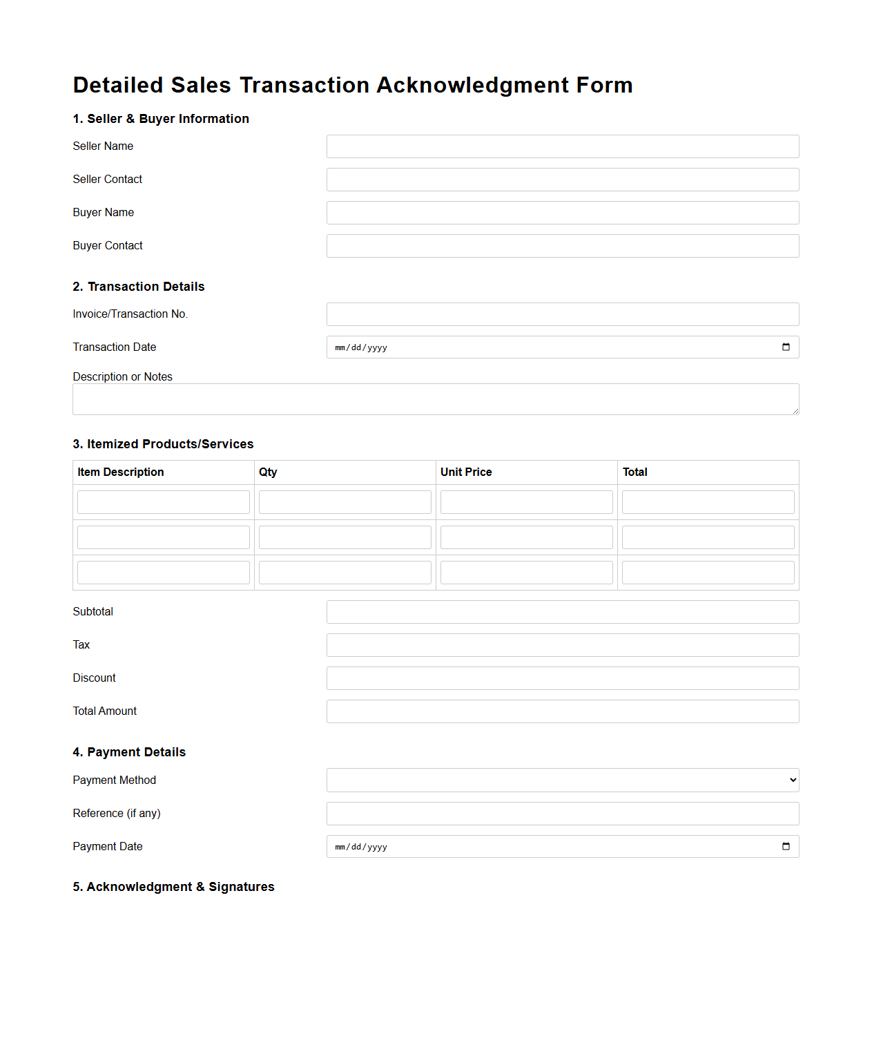 Detailed Sales Transaction Acknowledgment Form