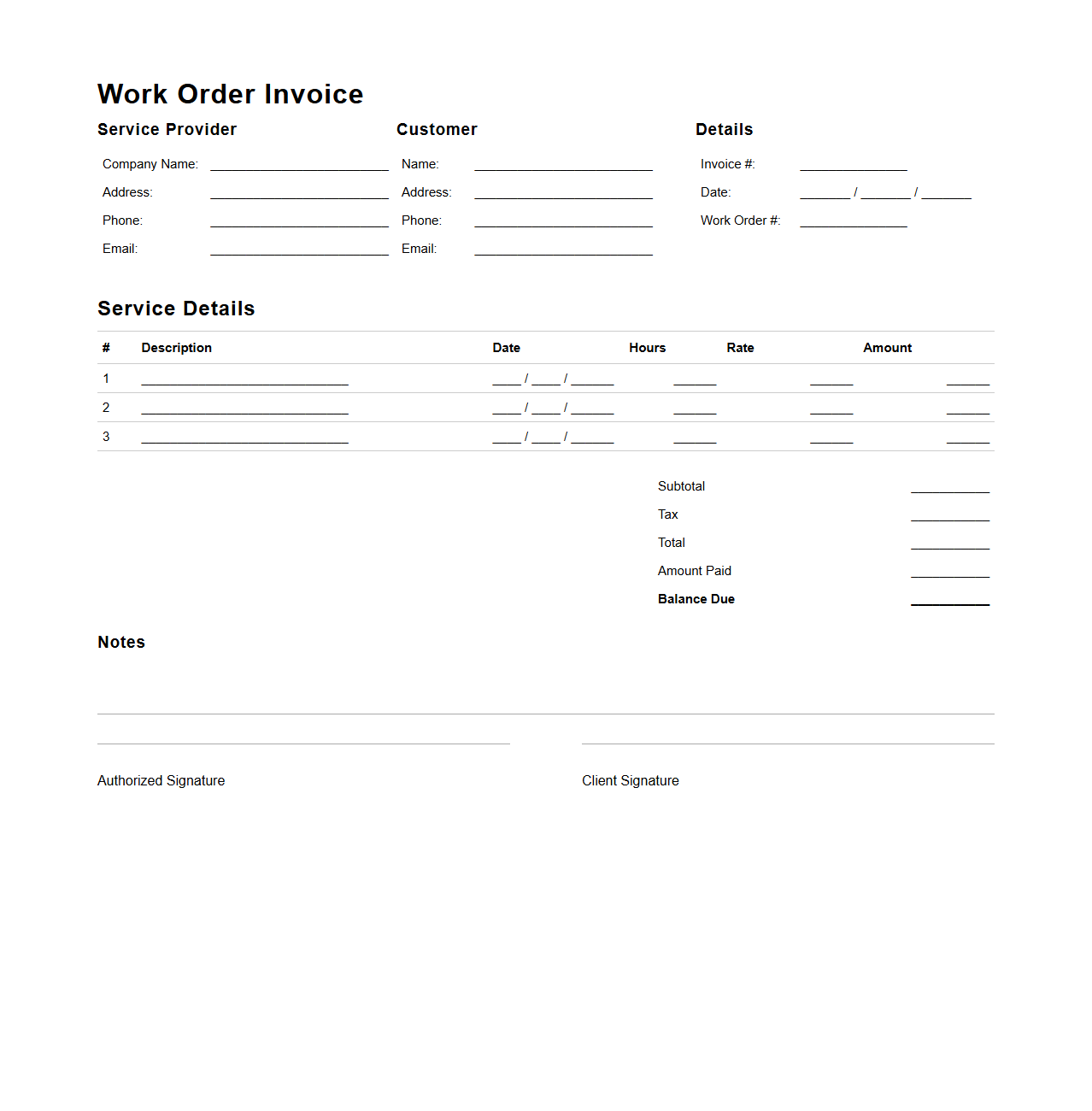 Detailed Work Order Invoice for Service Providers