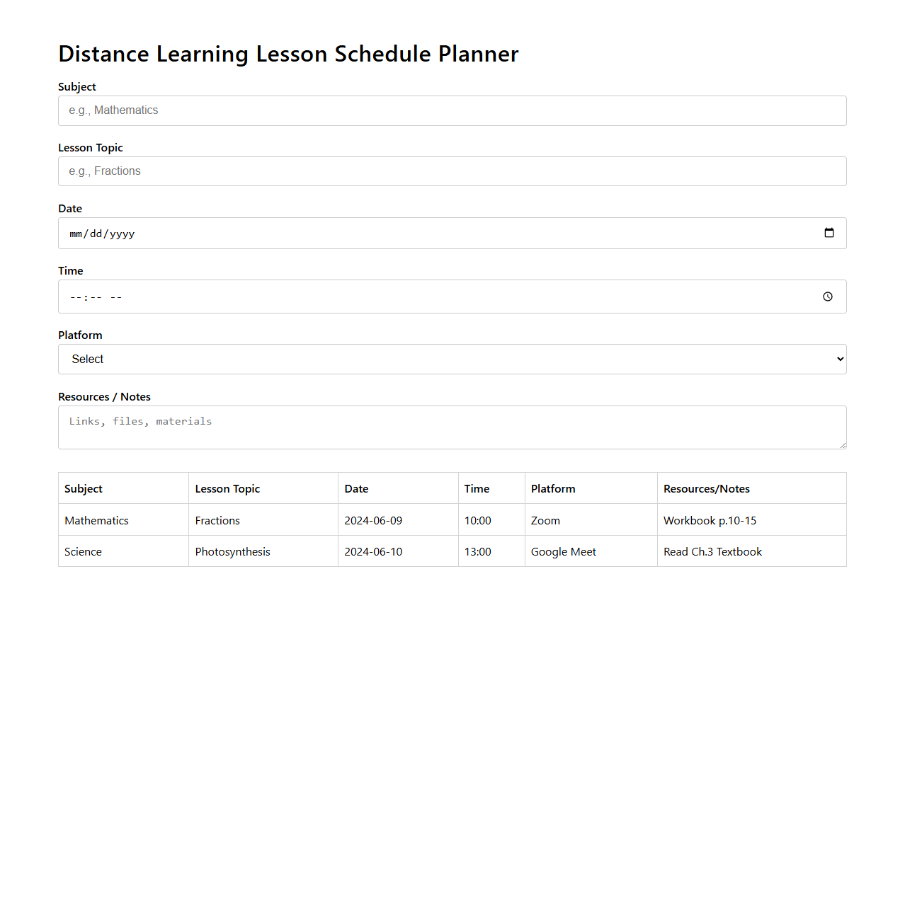 Distance Learning Lesson Schedule Planner
