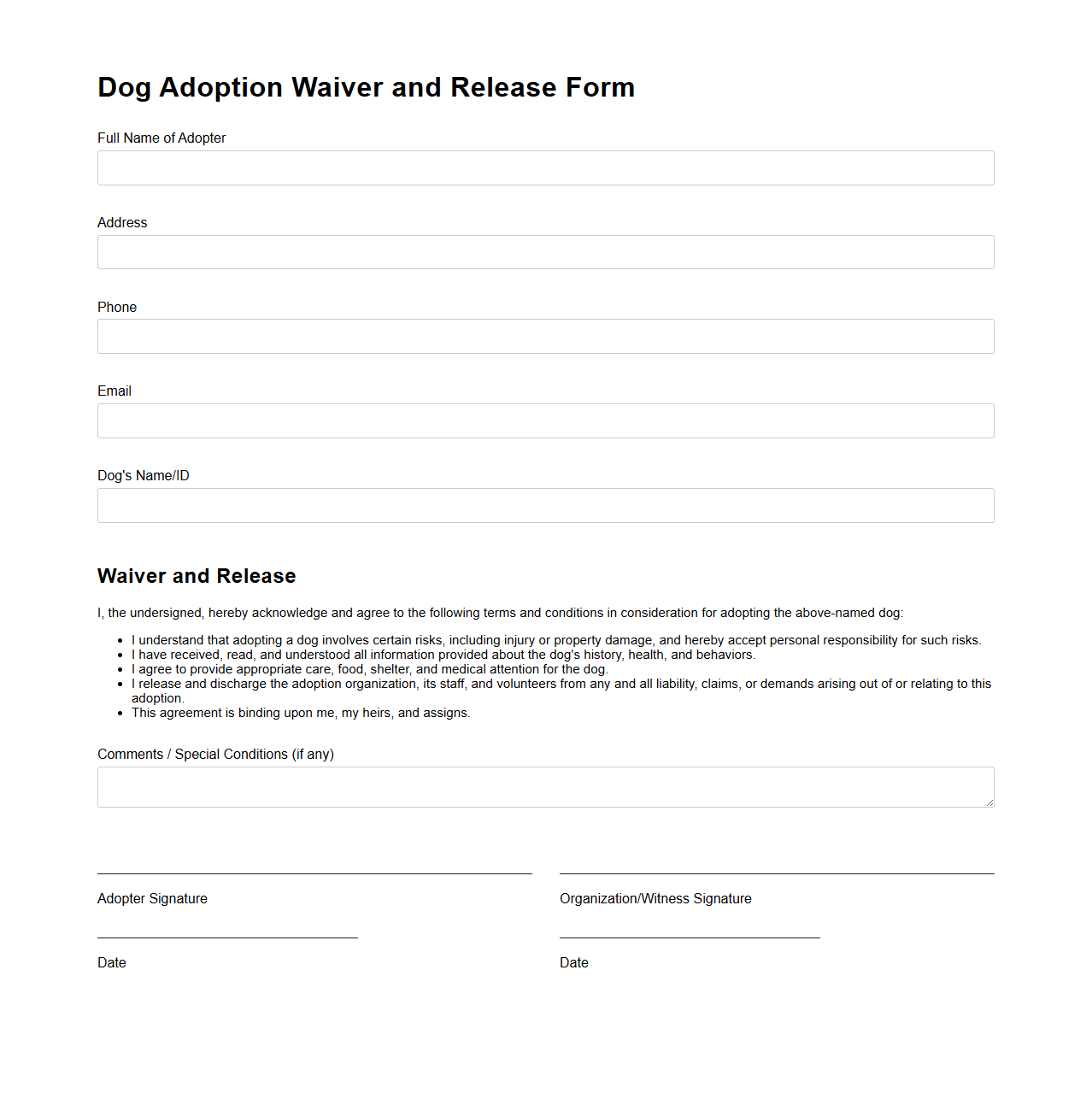 Dog Adoption Waiver and Release Form