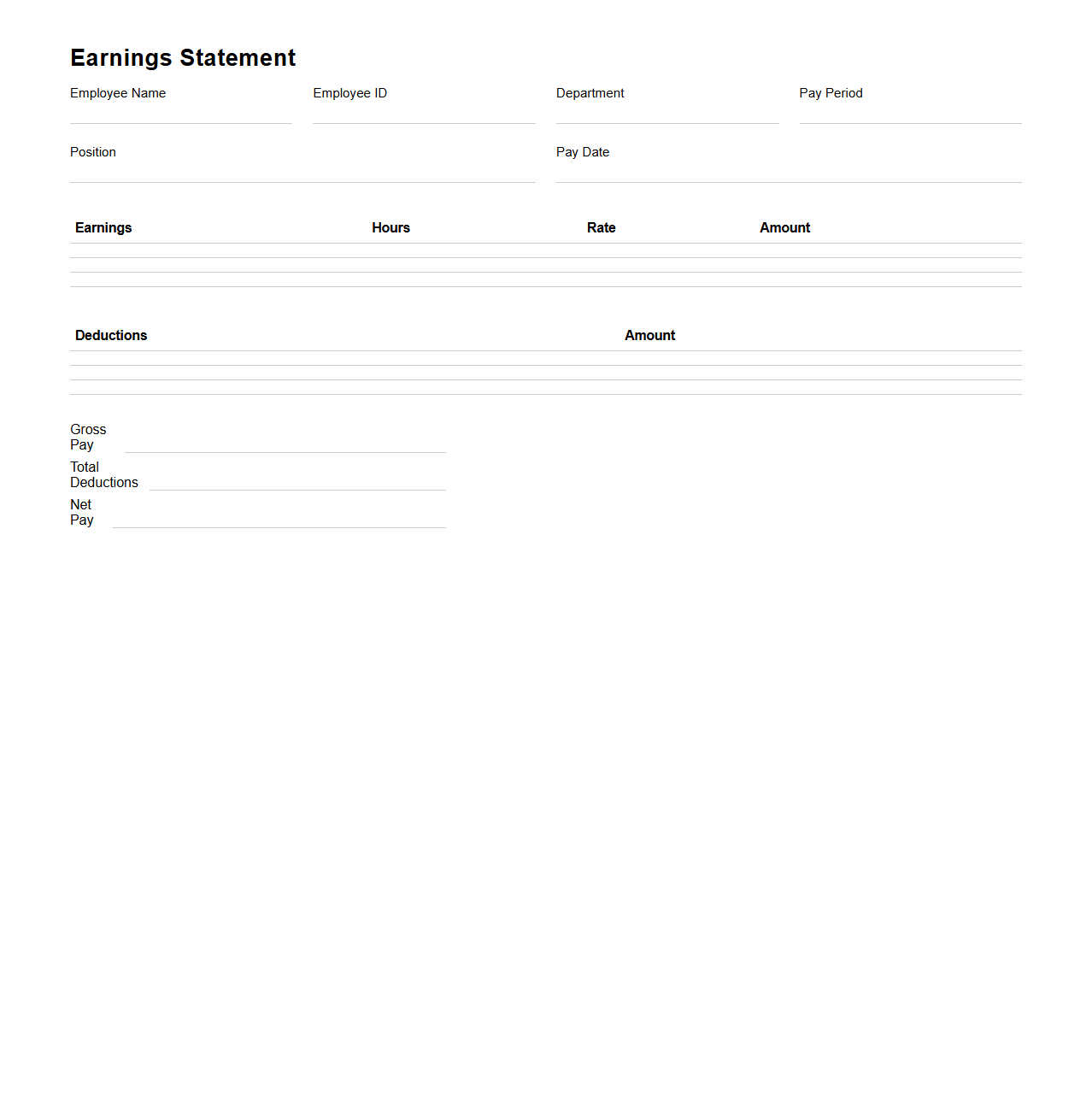 Earnings Statement Sheet for Employees
