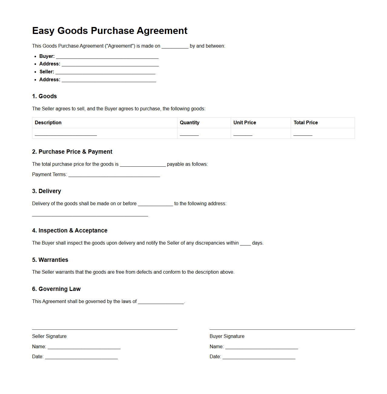 Easy Goods Purchase Agreement Template