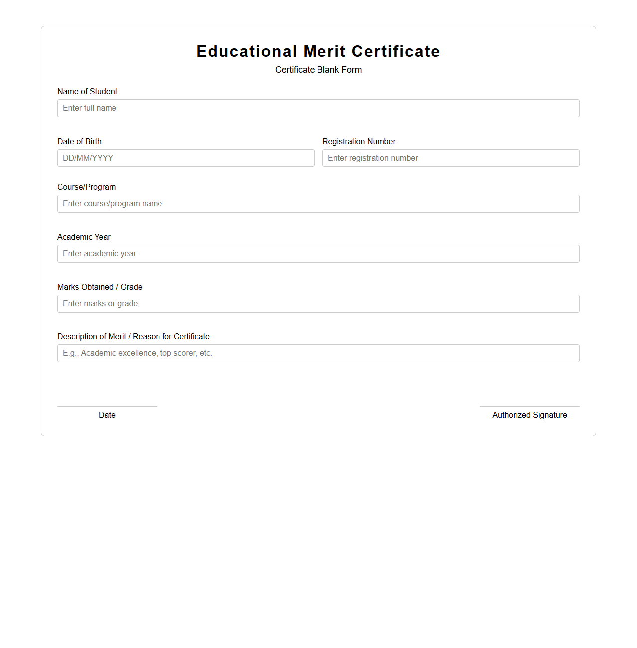 Educational Merit Certificate Blank Form