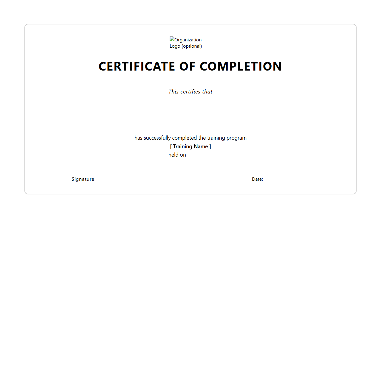 Elegant Blank Training Completion Certificate Format