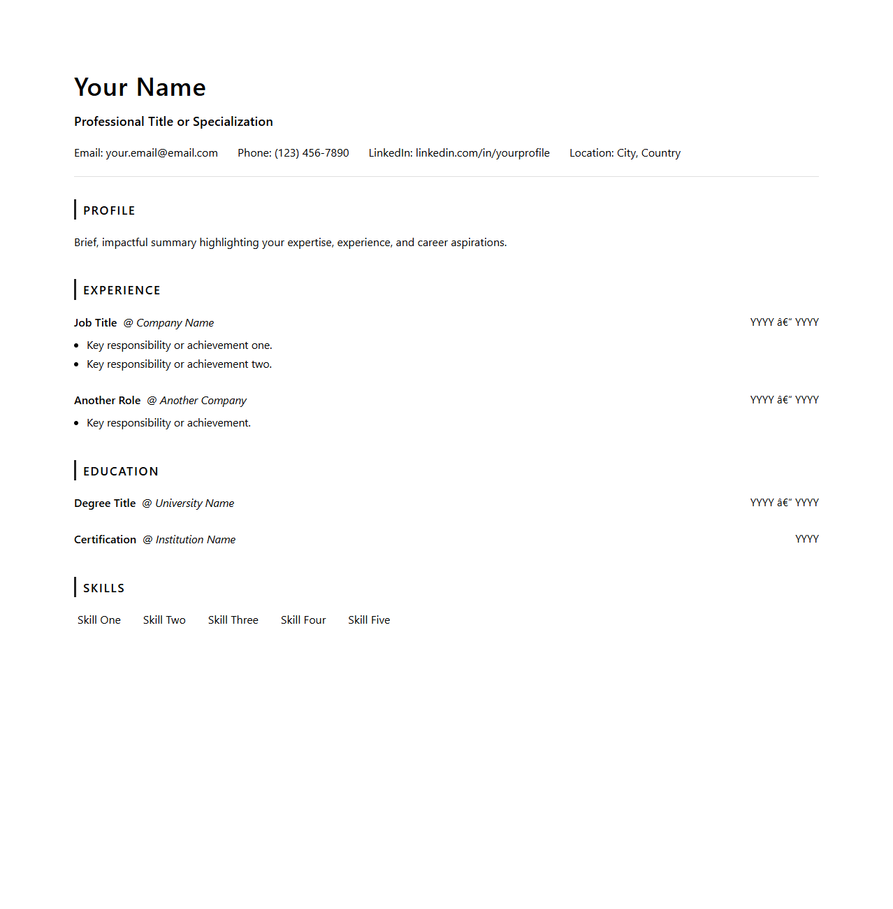 Elegant One-Page Resume Framework for Impactful Impressions