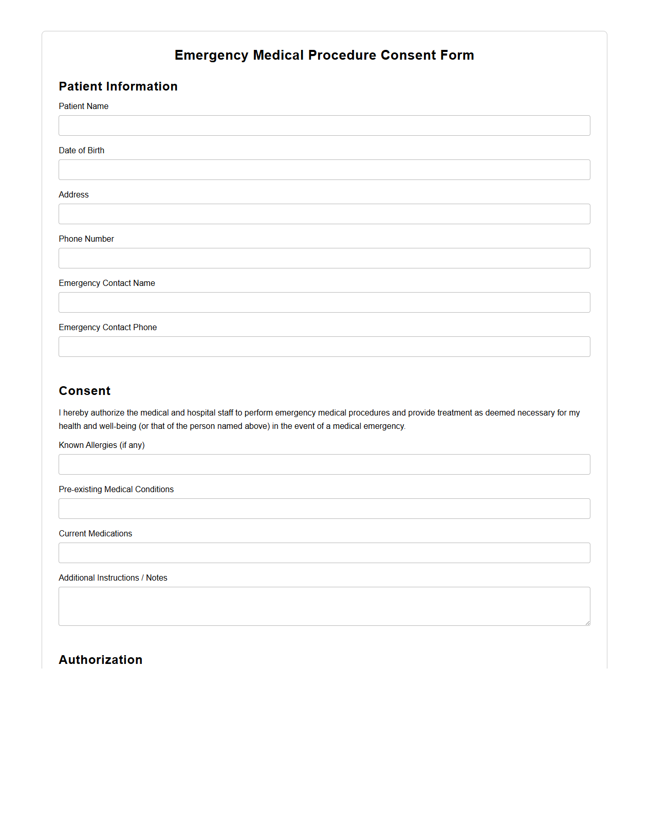 Emergency Medical Procedure Consent Form Template