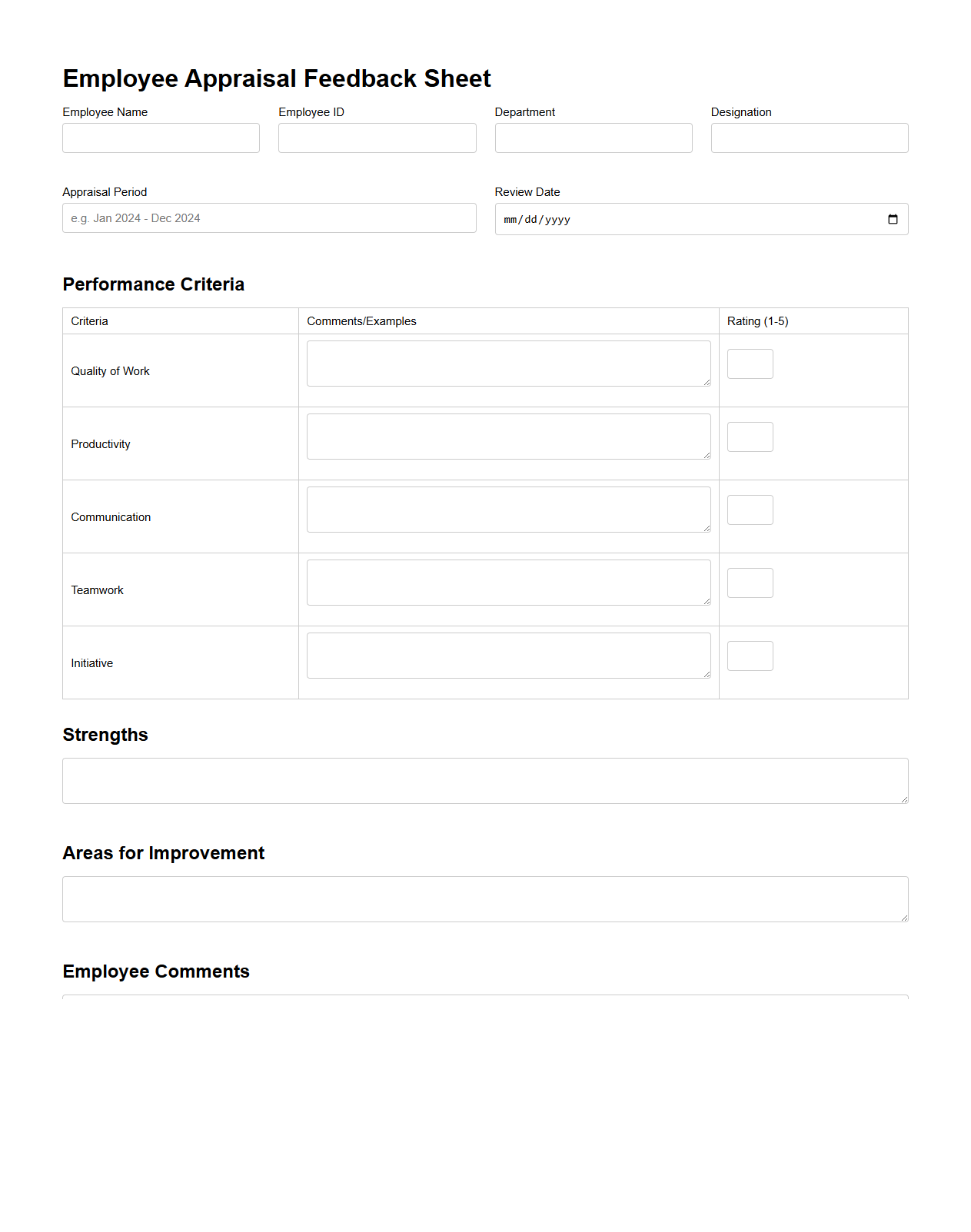 Employee Appraisal Blank Feedback Sheet