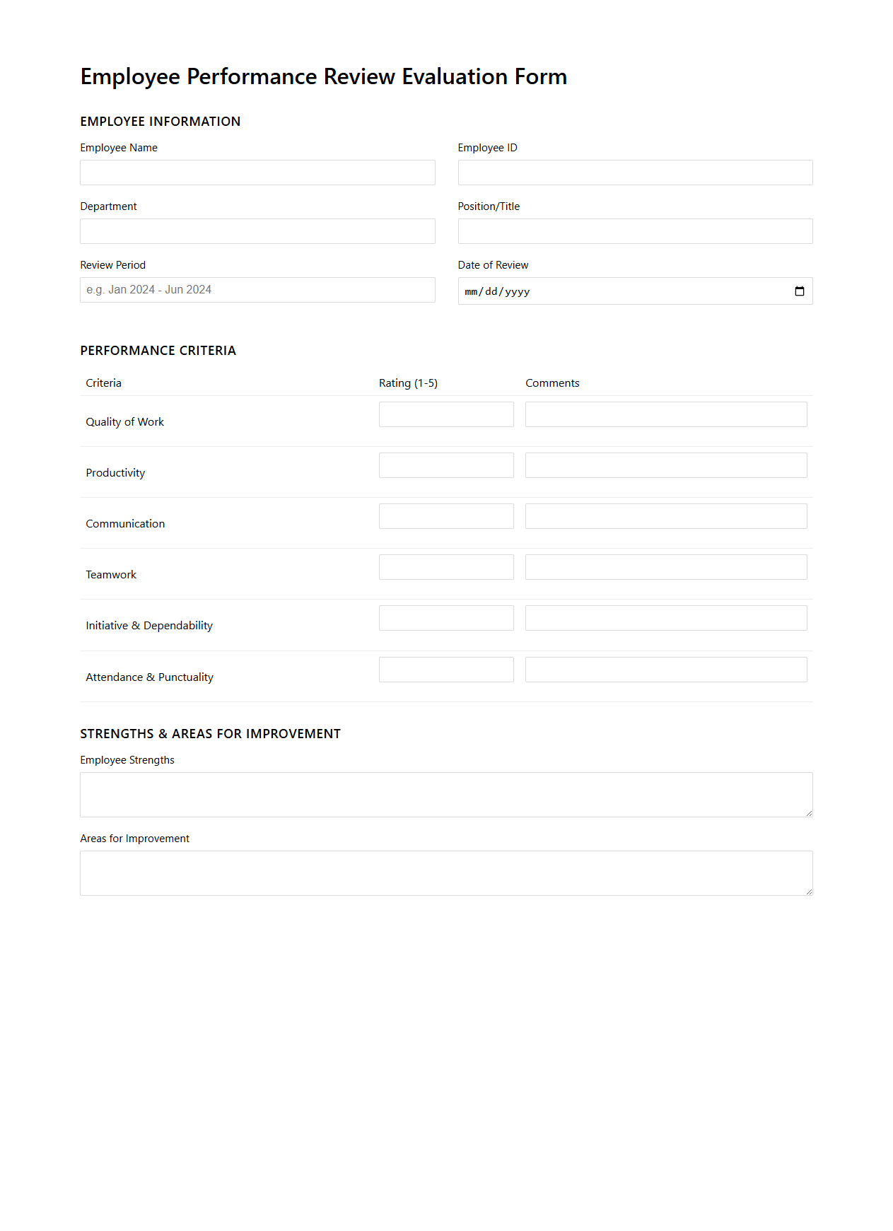 Employee Performance Review Evaluation Form Template