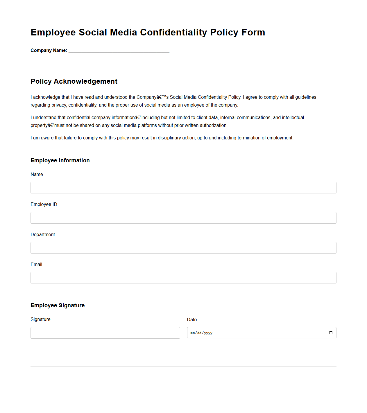 Employee Social Media Confidentiality Policy Form