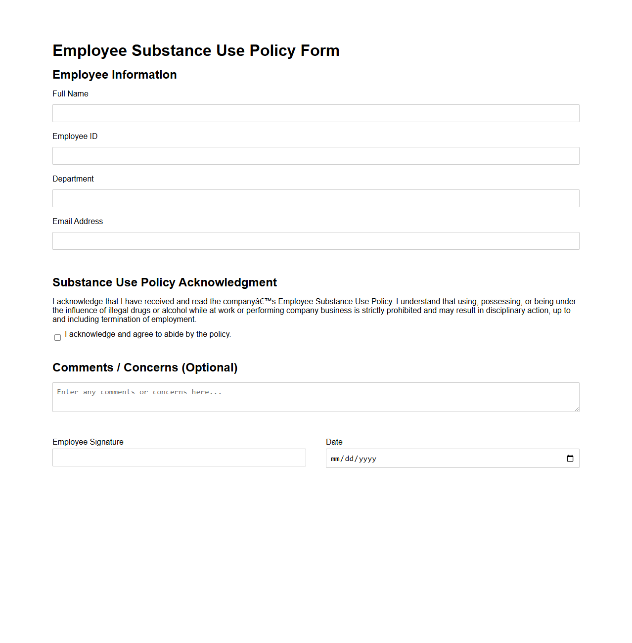 Employee Substance Use Policy Form