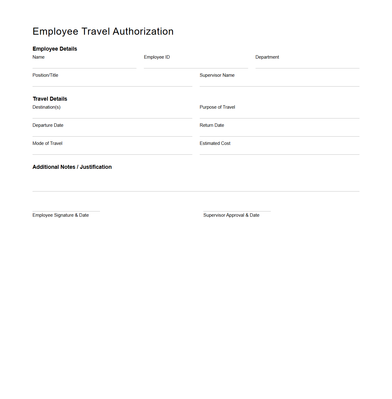 Employee Travel Authorization Document