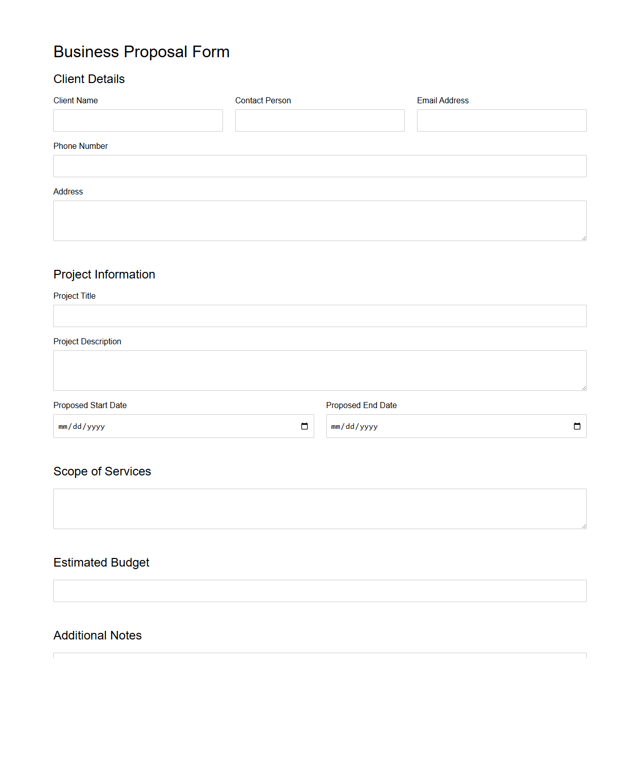Empty Business Proposal Form for New Client Engagement