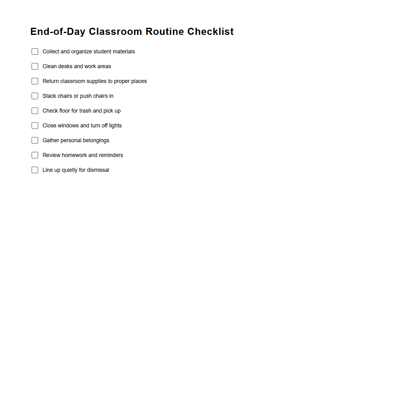 End-of-Day Classroom Routine Checklist