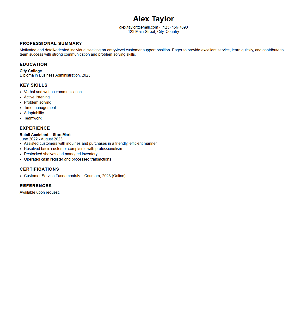 Entry-Level Customer Support CV Template