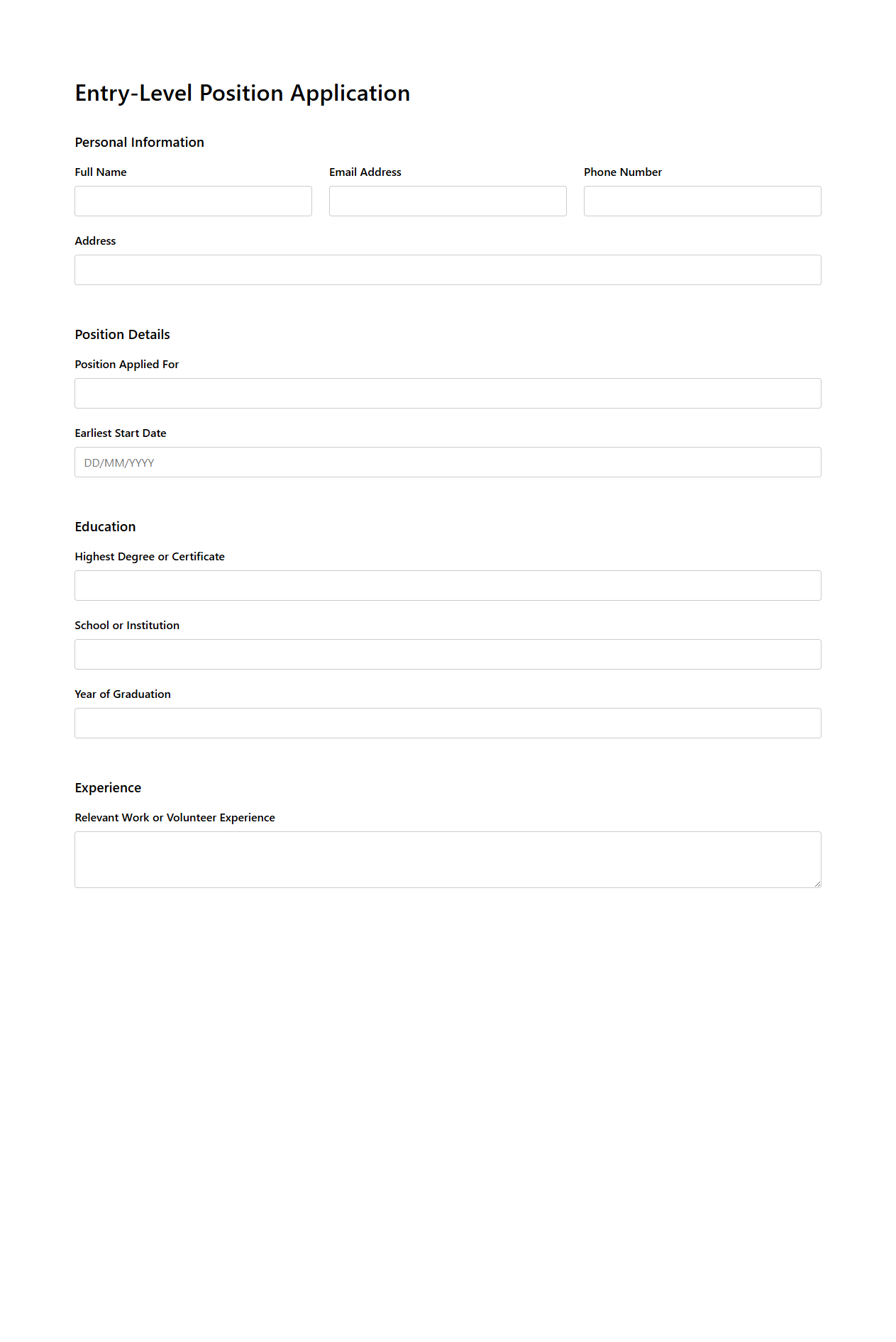 Entry-Level Position Application Template