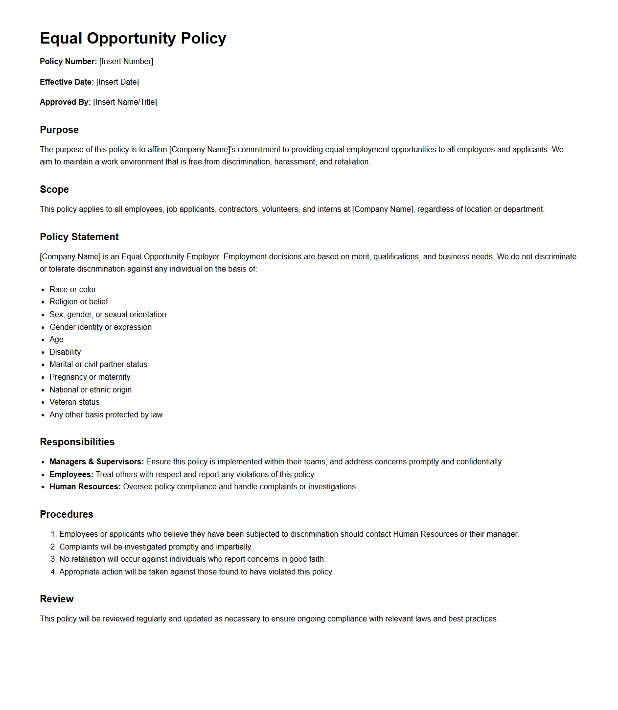 Equal Opportunity Policy Template for Human Resources