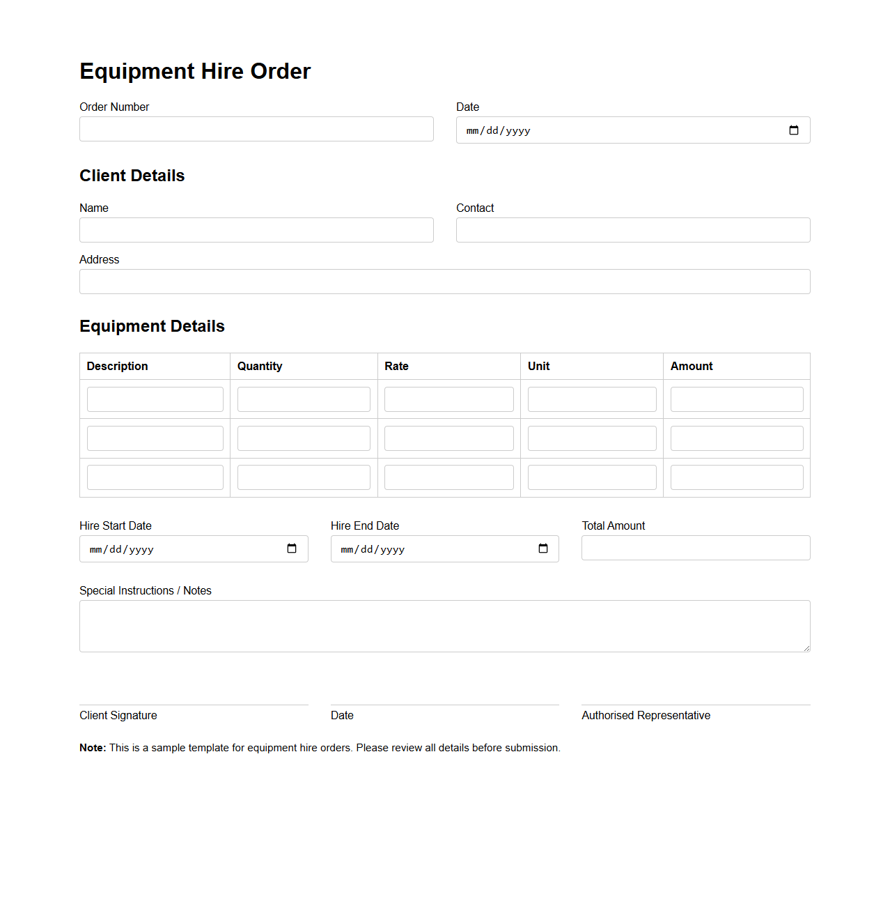 Equipment Hire Order Template