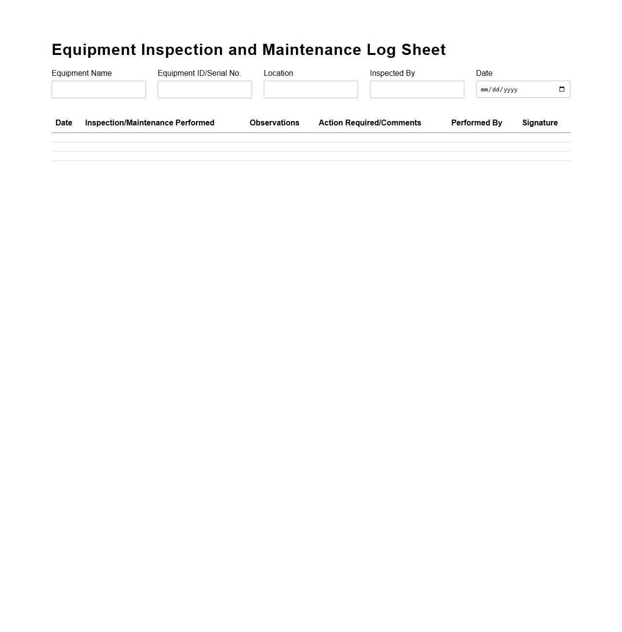 Equipment Inspection and Maintenance Log Sheet