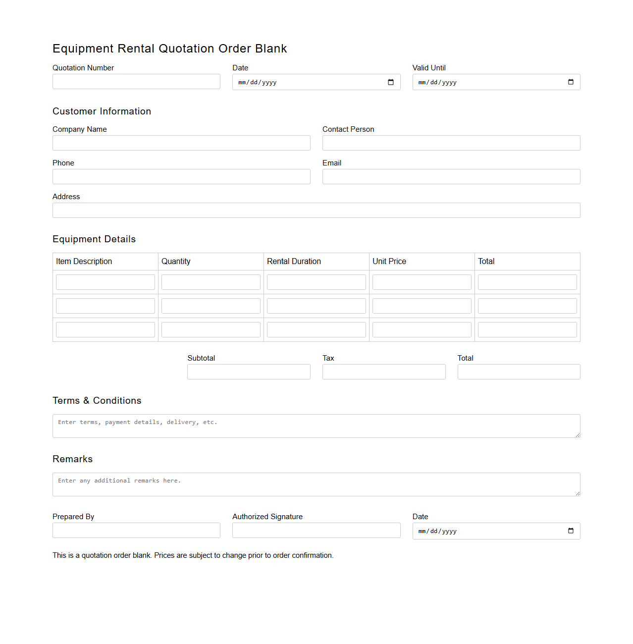 Equipment Rental Quotation Order Blank