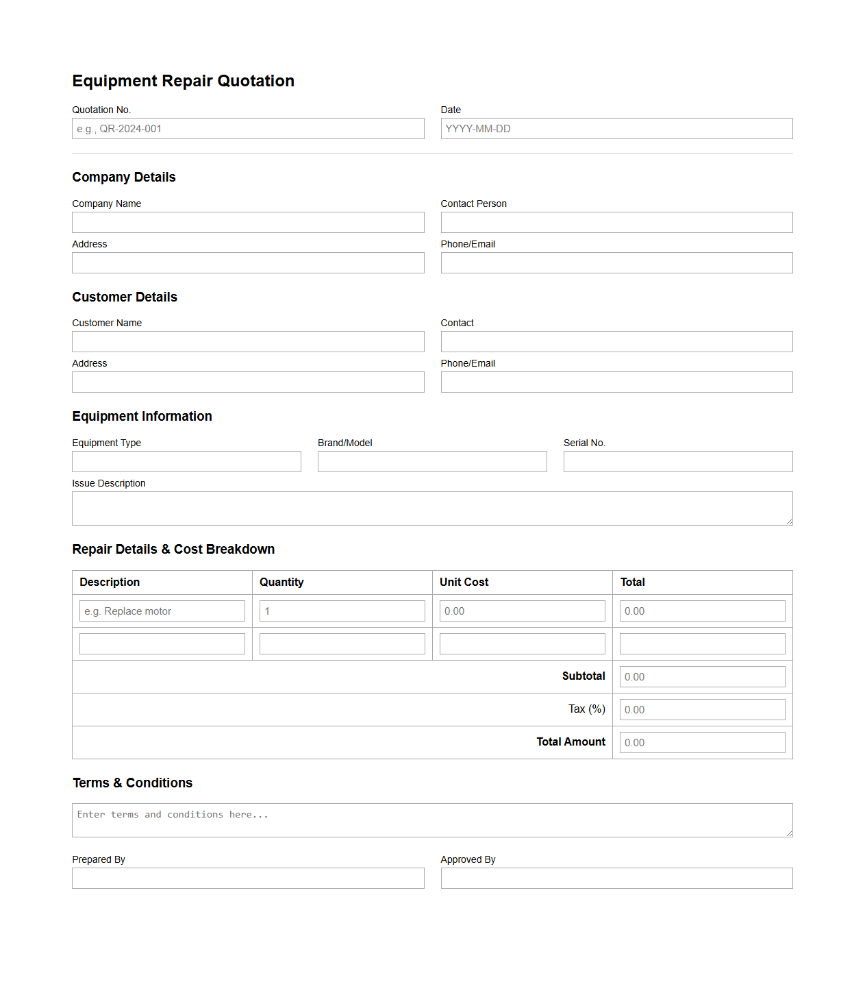 Equipment Repair Quotation Template