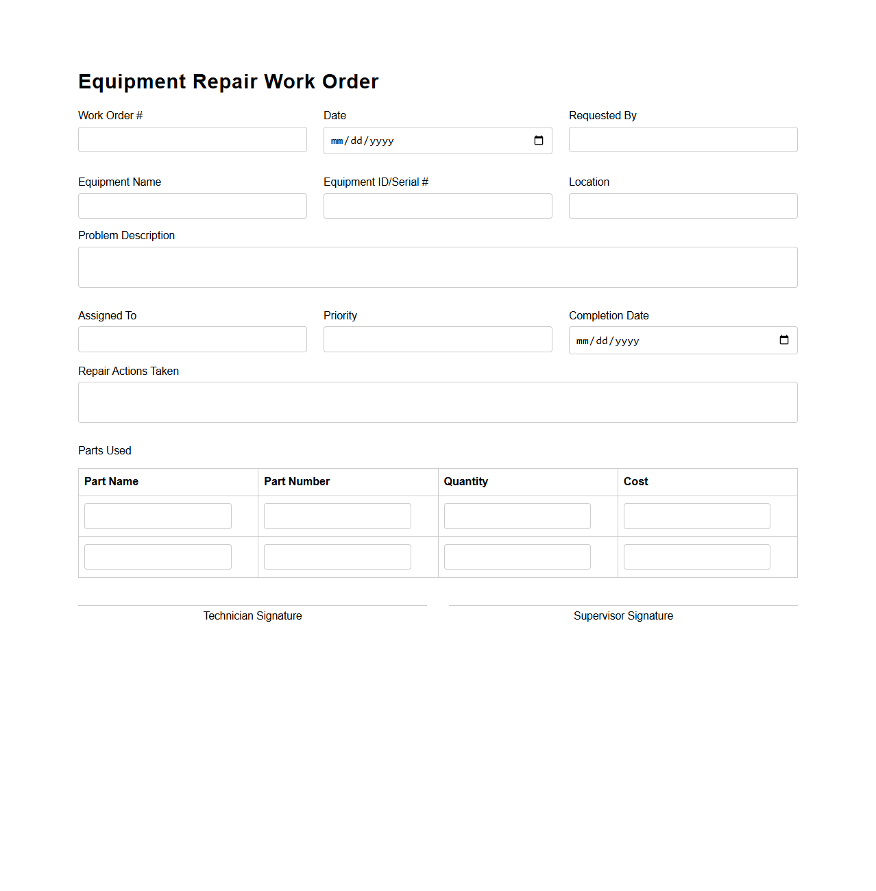 Equipment Repair Work Order Template
