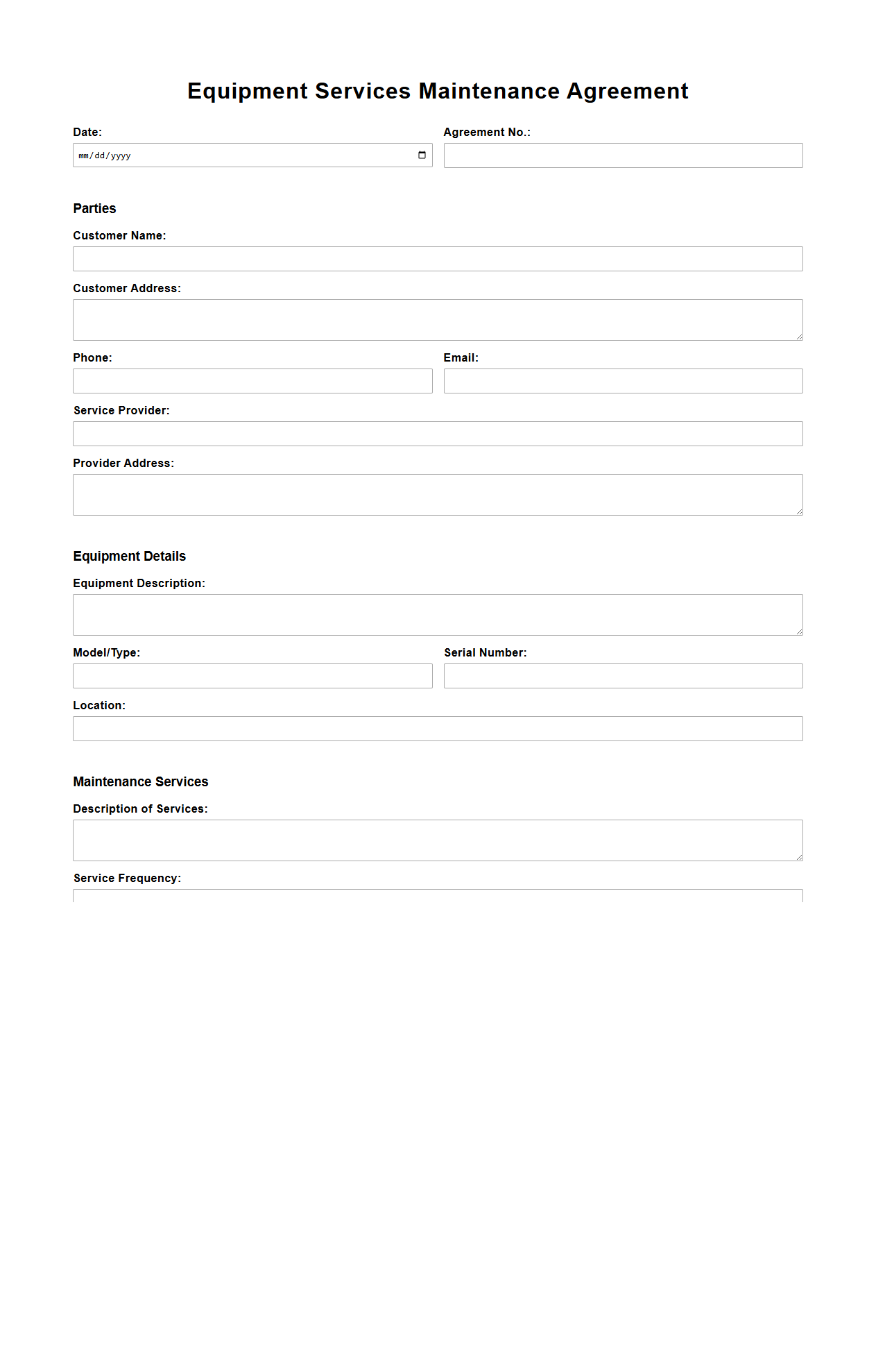 Equipment Services Maintenance Agreement Blank Form