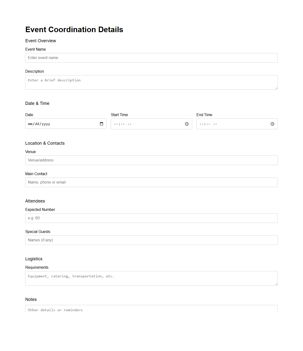 Event Coordination Details Planning Page