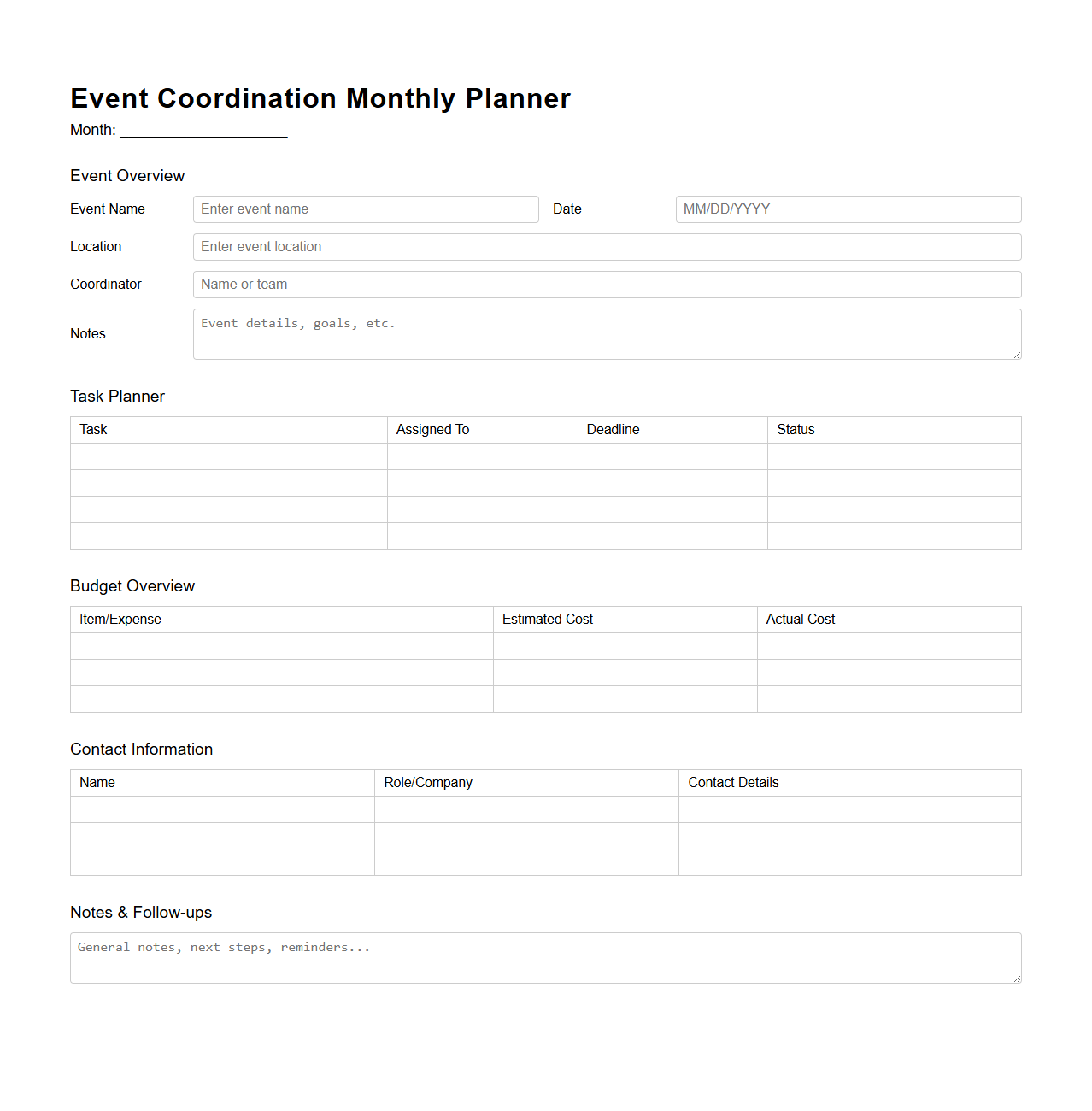 Event Coordination Monthly Planner