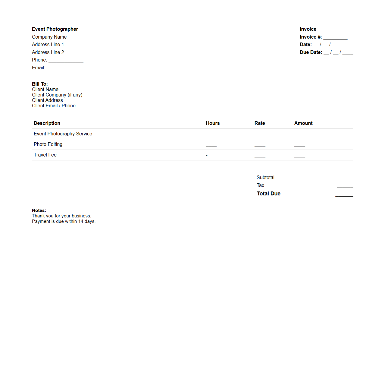 Event Photographer Service Invoice