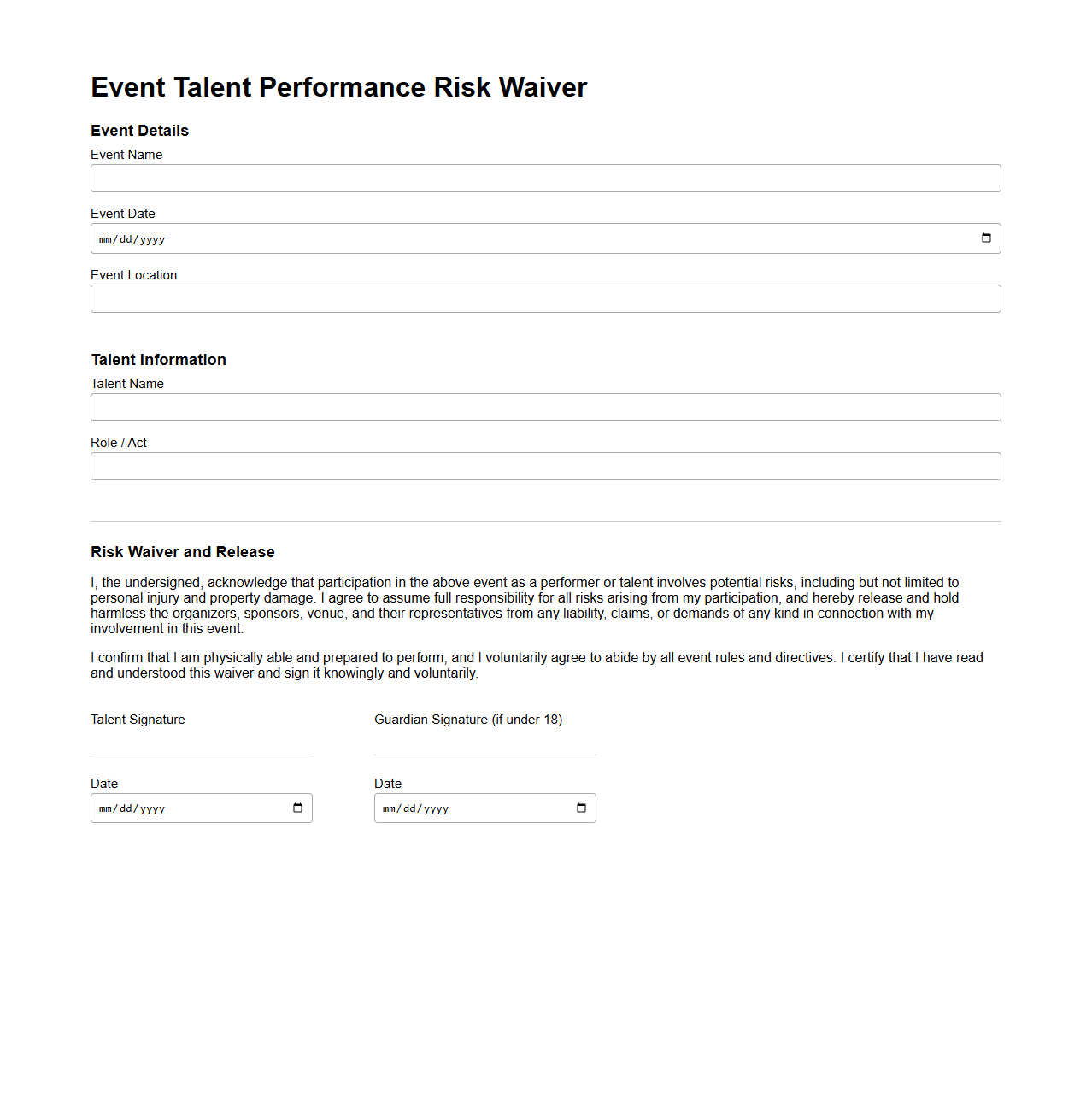 Event Talent Performance Risk Waiver Template
