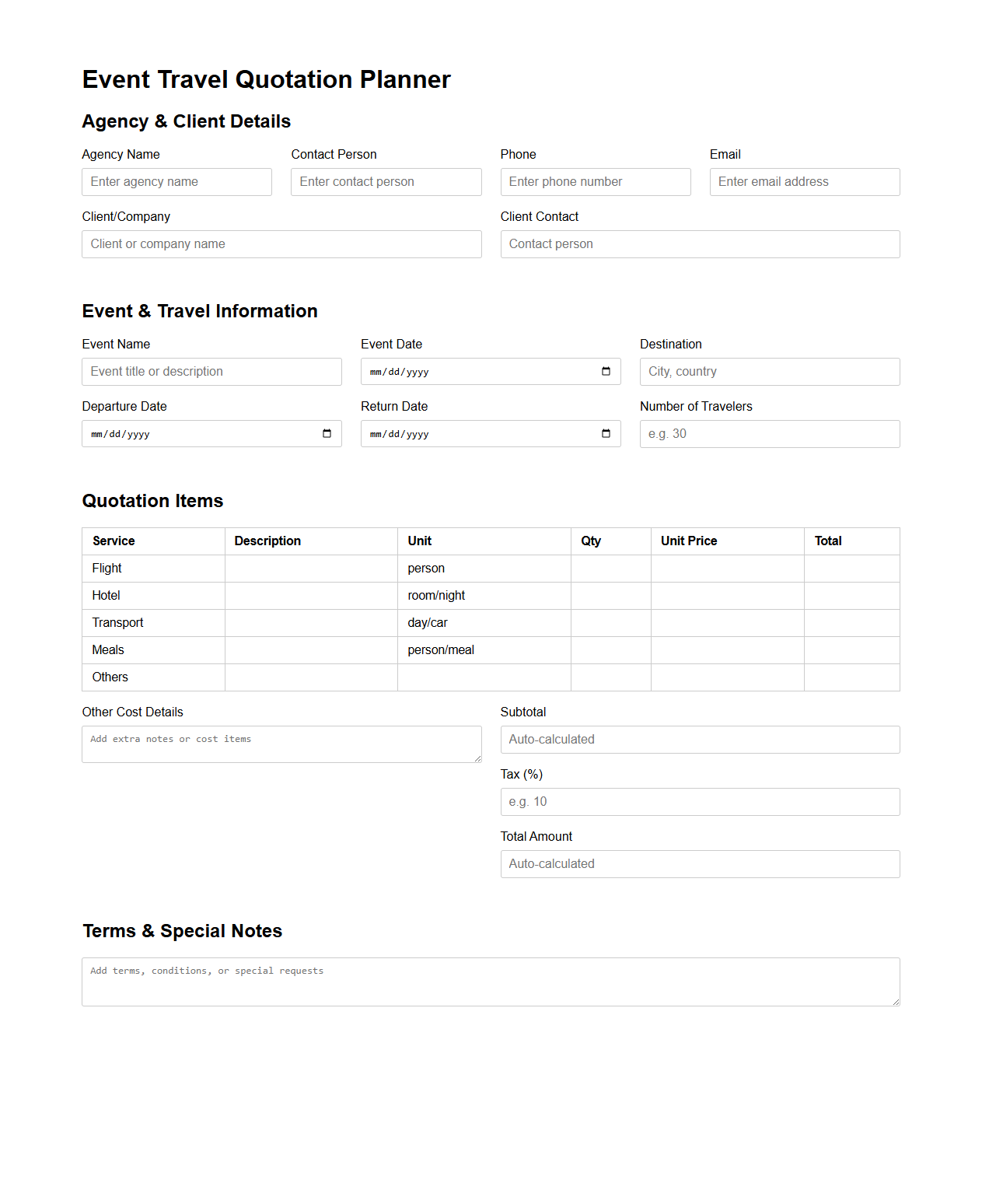 Event Travel Quotation Planner for Agencies