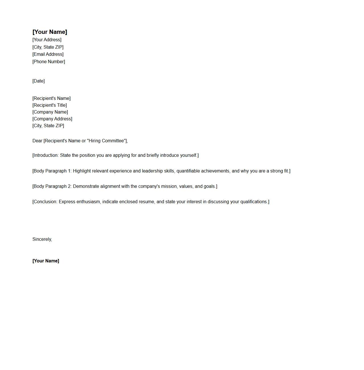 Executive Blank Cover Letter Template for Senior Positions