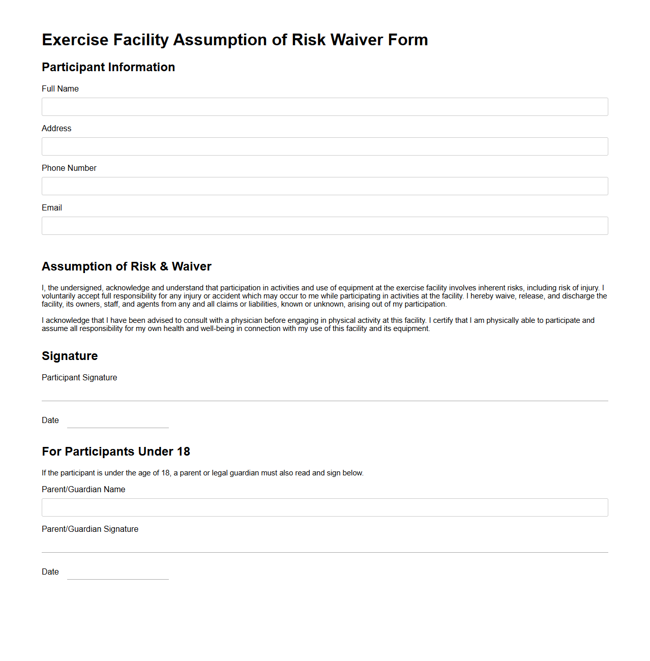 Exercise Facility Assumption of Risk Waiver Form