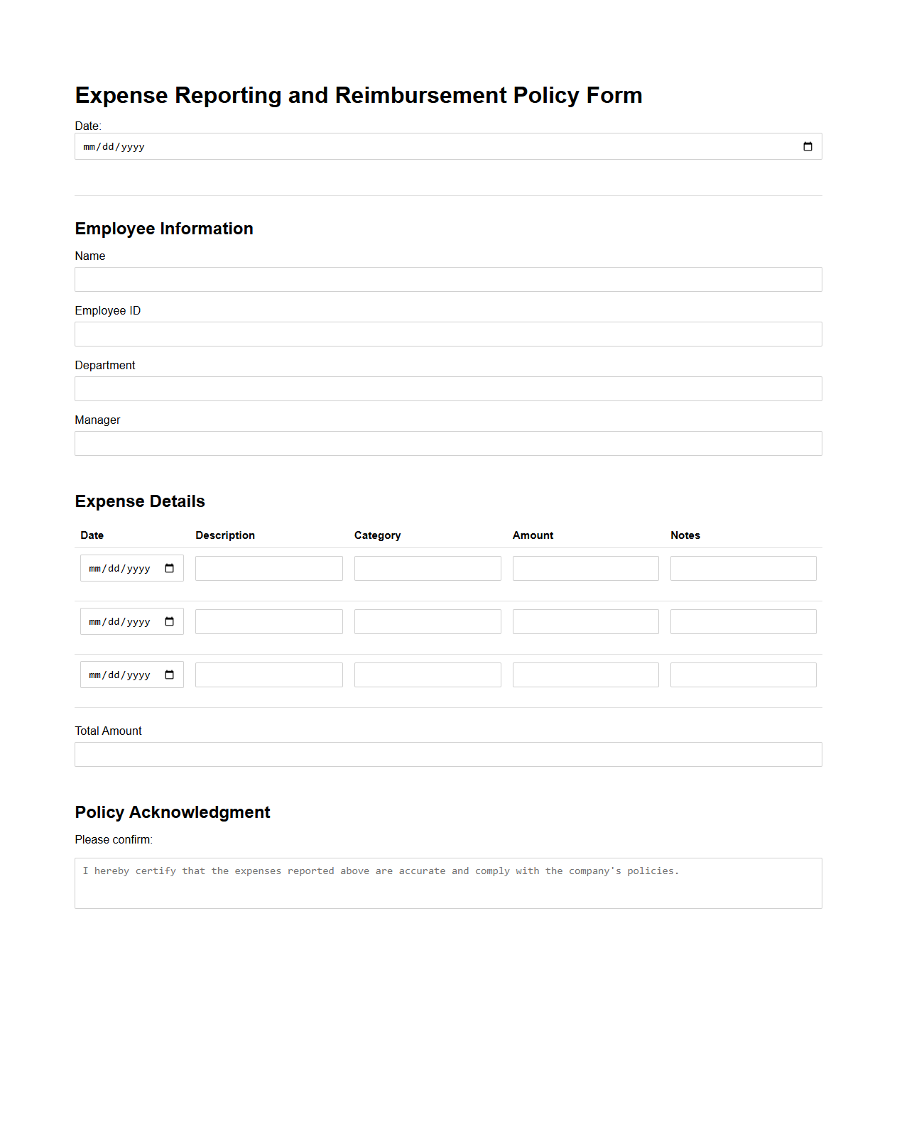 Expense Reporting and Reimbursement Policy Form