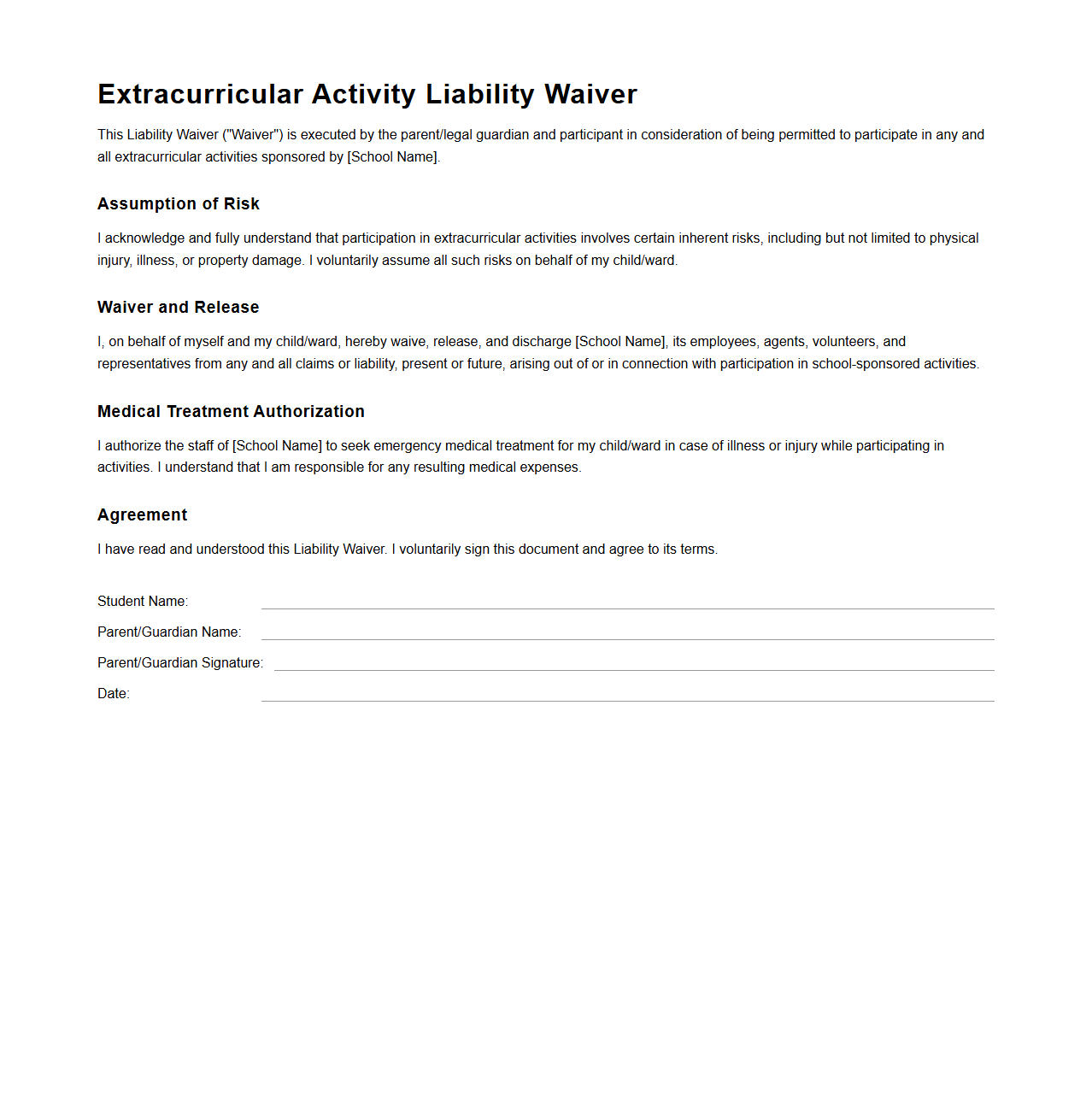 Extracurricular Activity Liability Waiver for Schools