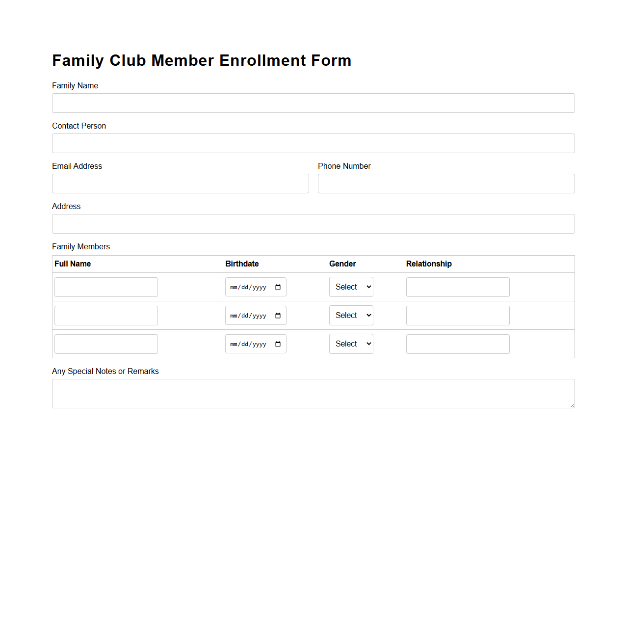 Family Club Member Enrollment Form Template