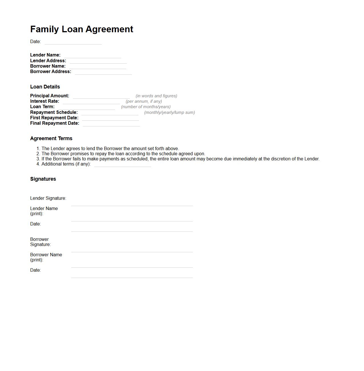Family Loan Agreement Blank Format